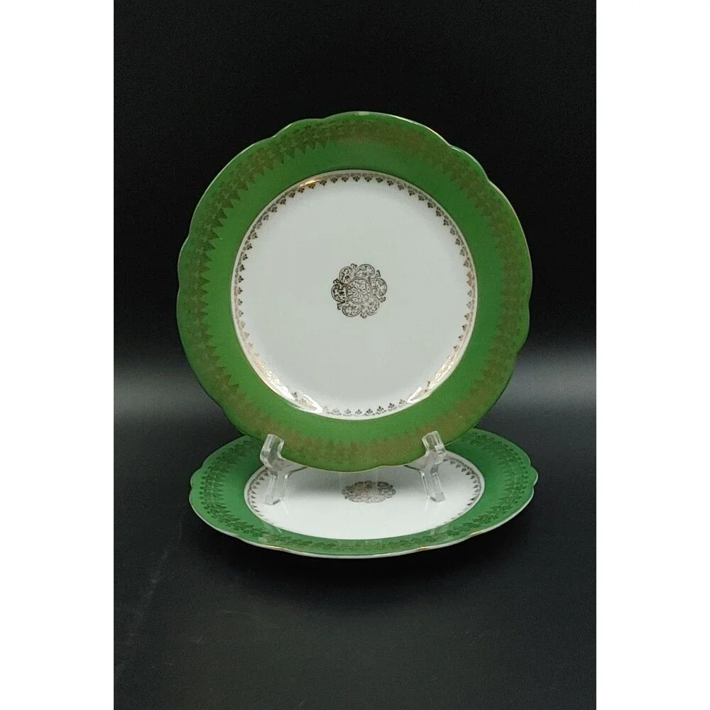 Pair 2 Vintage John Wanamaker & Co Austria Scalloped Edge Plate Green Gold 7.5